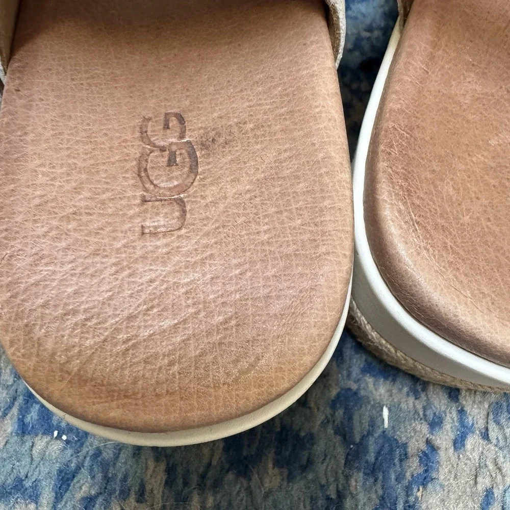 UGG April Espadrille Cream Leather Open Toe Platform Buckle Sandal Shoe 10.5